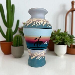 Vintage Navajo vase, pastel painted with etched,signed, no chips or cracks